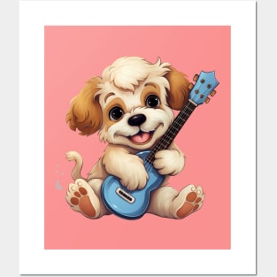 Cute Puppy playing on Guitar Posters and Art